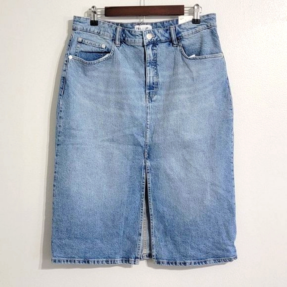 ZARA Hi-Rise Midi Faded Wash Denim Skirt Size XL